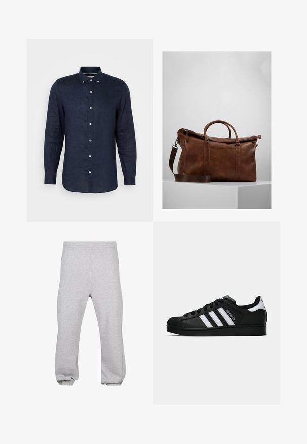 Marineblaues Langarmhemd aus Leinen, mit einem Button-Down-Kragen, sechs Knöpfen vorne und einem leicht abgerundeten Saum.; Graue Sweatpants aus Baumwollmix mit einem elastischen Bund, schmal zulaufenden Beinen und gerippten Säumen. Einfaches Design ohne Muster.; Schwarzer Adidas Superstar Sneaker mit weißen Streifen, Schalenzehen und "Superstar"-Schriftzug an der Seite, im Seitenprofil auf weißem Hintergrund dargestellt.; Braune Leder-Duffel-Tasche mit Reißverschluss, doppelten Griffen, verstellbarem Schultergurt und sichtbaren Texturmuster auf der Oberfläche.
