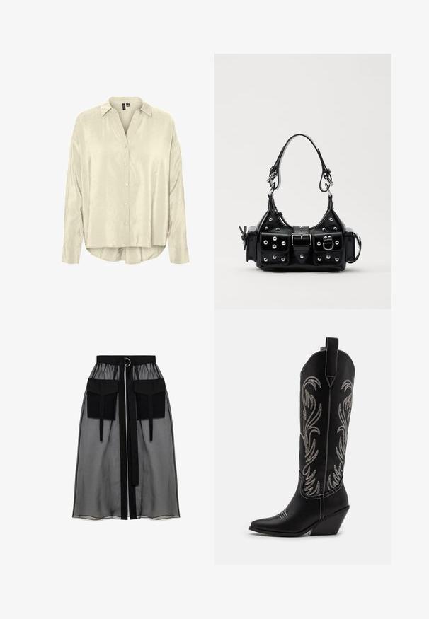 Gai bēšs pogājams krekls ar apkakli, izgatavots no gludas auduma. Tam ir garas piedurknes un nedaudz noapaļots apakšmala.; Melnā caurspīdīgā svārka ar salikto jostasvietu, kas ietver divas lielas priekšējās kabatas, jostas saitīti un apaļu metāla akcentu.; Melnas ādas kovboju zābakus ar norādītām pirkstiem, sānām paceltu papēdi un sudraba izšūtām ziedu rakstiem gar zābaka kāju. Kontrasta dūrieni visā zābakā.; Melnas ādas rokturmais ar izliekumu, ar sudraba iedurtiem, sprādzi un divām sānu kabatām. Regulējams siksniņas garums dažādām nēsāšanas iespējām.