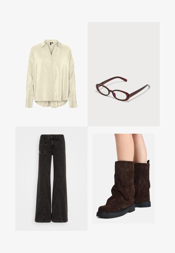 Ljusbeige skjorta med krage, tillverkad av ett mjukt tyg. Den har långa ärmar och en lätt rundad fåll.; Svarta vida jeans i denim, med hög midja, framfickor och ton-i-ton-sömmar längs sömmarna.; Bruna mockasin-stövlar som når till mitten av vaden med svarta gummisulor, som bärs på nakna ben och visar en lätt rynkning på stövlarna.; Ovalformade röda solglasögon med klara linser och eleganta bruna bågar. Designen har subtila kurvor och minimal hårdvara.