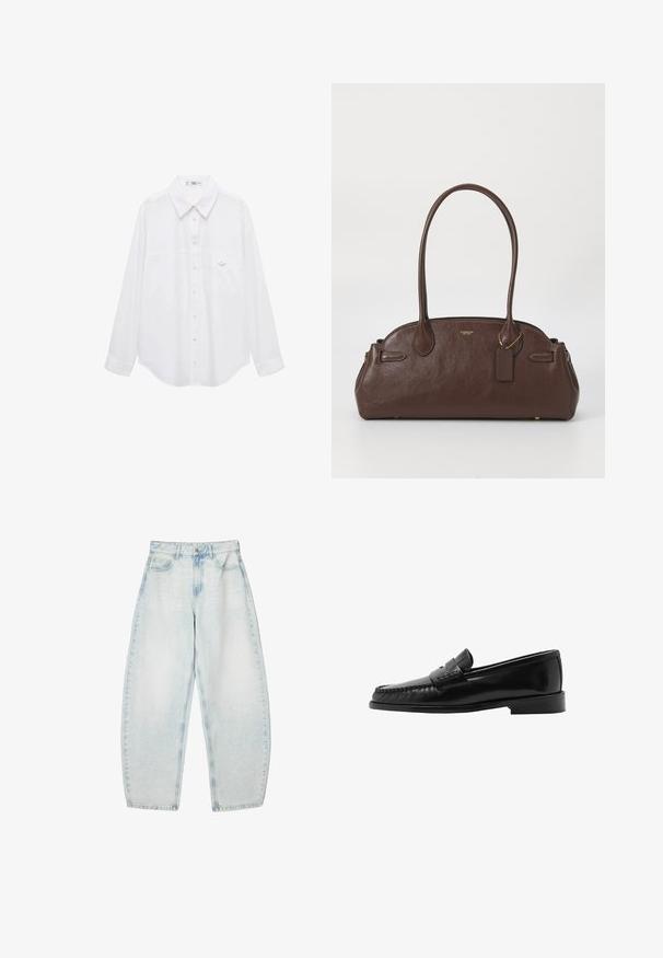Camicetta bianca con bottoni realizzata in tessuto liscio. Presenta un colletto classico, maniche lunghe e una piccola tasca sul petto con un dettaglio a bottone.; Jeans in denim azzurro chiaro con un taglio rilassato, vita alta, cinque tasche e leggera scoloritura su tutto il tessuto.; Mocassino in pelle nera con silhouette curva, fascetta decorativa, cuciture texture e suola in gomma piatta. Finitura liscia e design elegante.; Borsa a mano in pelle marrone con texture liscia, forma arrotondata e doppi manici. Presenta un logo dorato e un piccolo etichetta attaccata.