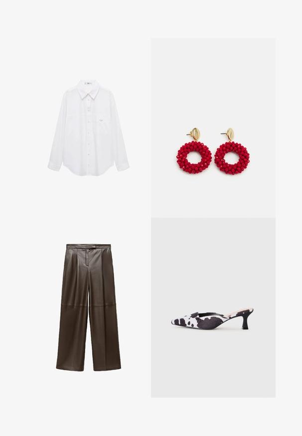 Chemise blanche à manches longues en tissu lisse. Présente un col classique, des manches longues et une petite poche poitrine avec un bouton.; Pantalon large en cuir marron avec une texture lisse, présentant des plis sur le devant et un design de taille classique.; Talons slingback à bout pointu en design imprimé vache noir et blanc. Tige en tissu avec finition texturée et un fin talon noir.; Boucles d'oreilles en forme de créoles avec des perles rouges, dotées d'une surface texturée et d'un fermoir en métal doré. Forme circulaire avec un centre ouvert et des détails en perles arrondies.