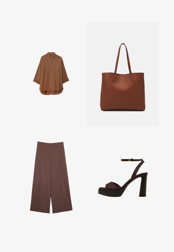 Camicia marrone con bottoni realizzata in tessuto leggero. Presenta un colletto classico, maniche lunghe con polsini arrotolati e un orlo arrotondato.; Pantaloni ampi marroni con una texture liscia, caratterizzati da una vita alta e pieghe frontali. Il tessuto è leggero e scorre liberamente.; Sandal in camoscio marrone con tacco alto, punta aperta, cinturino alla caviglia regolabile e suola a piattaforma striata.; Borsa tote in pelle marrone con texture liscia, design con apertura superiore e due spallacci. Presenta cuciture minime e nessun hardware visibile.
