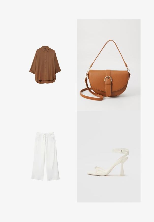 Hnedá košeľa s gombíkmi vyrobená z ľahkého materiálu. Má klasický golier, dlhé rukávy s vyhrnutými manžetami a zaoblený lem.; Biele široké nohavice vyrobené z mäkkej látky, s pásekom na sťahovanie a dvoma prednými vreckami. Hladká textúra a bez viditeľných vzorov.; Biele kožené sandále na vysokom podpätku s pásikmi, elegantným dizajnom, priehľadným blokovým podpätkom a dekoratívnym prvkom na špičke.; Hnedá kožená kabelka cez telo s zakriveným tvarom, zlatými kovovými doplnkami a akcentom s prackou. Obsahuje odnímateľný ramenný popruh.