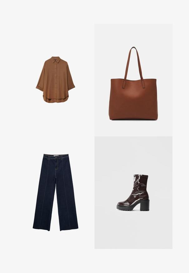 Brązowa koszula zapinana na guziki wykonana z lekkiego materiału. Posiada klasyczny kołnierzyk, długie rękawy z podwiniętymi mankietami oraz zaokrąglony dół.; Szerokie spodnie z ciemnego denimu z kontrastowym przeszyciem, wysoki stan i prosty krój. Posiadają kieszenie z przodu oraz klasyczne zapięcie na guzik.; Błyszczące bordowe botki za kostkę z masywną czarną obcasem, charakteryzujące się gładką teksturą i prostym wzornictwem. Brak widocznych zapięć lub wzorów.; Brązowa skórzana torba tote o gładkiej fakturze, z otwartym wierzchem i dwoma ramiączkami. Charakteryzuje się minimalnym przeszyciem i brakiem widocznych elementów metalowych.