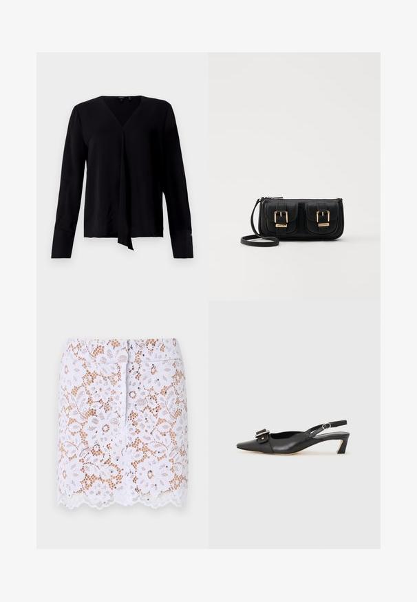 Theory HIDDEN SLIT MODER - Bluza - black; Bela čipkasta krila z cvetličnim vzorcem, valovitim robom in diskretnimi okrasnimi elementi. Ima prilega obliko in skriti zadrgo na hrbtni strani.; Črne usnjene slingback čevlje z ostrim nosom, majhnim petam in dekorativno sponko na zgornjem delu. Gladka tekstura, minimalistična zasnova.; Črna usnjena torbica čez ramo z dvema sprednjima žepoma, zlatimi zaponkami, zadrgo in ozkim pasom. Tekstura površine je strukturirana, obliko pa ima kompaktno pravokotno.