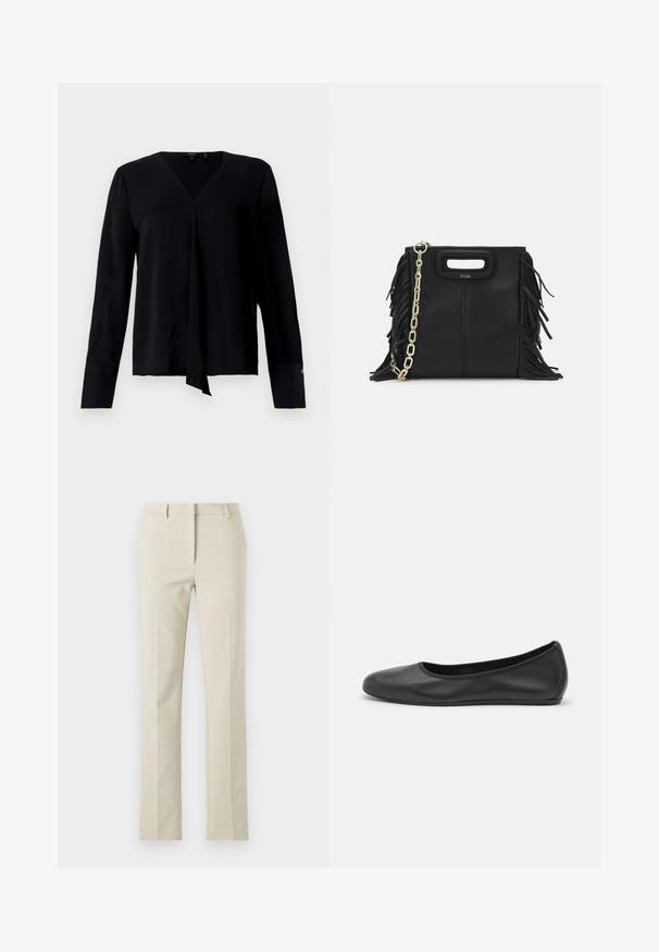 Theory HIDDEN SLIT MODER - Blouse - black; Beige op maat gemaakte broeken met een platte voorkant, rechte pijpen, riemlussen en een gladde textuur. Minimalistisch ontwerp zonder zichtbare patronen.; Zwarte leren ballerina met een ronde neus, gladde textuur, minimale stikdetails en een flexibele zoolontwerp.; Zwarte leren handtas met franjes, gouden schouderband van schakels en een uitsnijding in de handgreep. Heeft het logo prominent aan de voorkant.