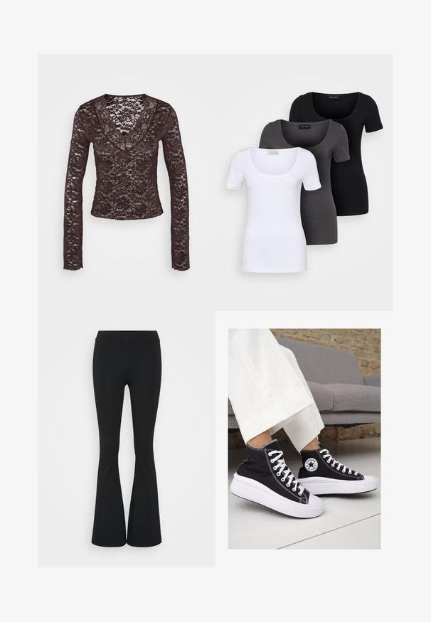 Ilgų rankovių rudas nėriniuotas pagrindas su giliu V formos iškirpimu, gėlėtais raštais ir prigludusia forma. Minkšta, tekstūruota medžiaga su sudėtingais detalėmis.; Trys priderinti marškiniai: balti, pilki ir juodi. Kiekvienas turi plačią apvalią iškirptę ir trumpas rankoves. Pagaminti iš lygaus, tamprių audinio.; Juodai platėjantys kelnių, pagamintų iš tamprių medžiagų, kurie turi aukštą juosmenį ir lygią tekstūrą. Kelnės platėja nuo kelio.; Juodi kanvasiniai aukšti sportbačiai su baltais guminiais padu ir raišteliais. Šonuose yra apskritas logotipas ir ryški balta siūlė.