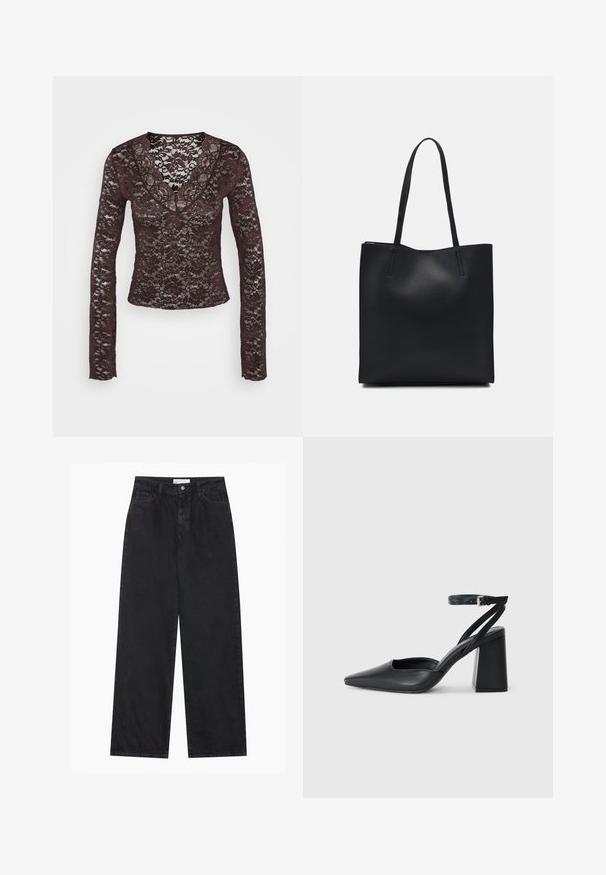 Hnedý čipkovaný top s dlhým rukávom, ktorý má hlboký výstrih do V, kvetinové vzory a priliehavý strih. Mäkko textúrovaná tkanina s jemnými detailmi.; Čierne džínsy s vysokým pásom a širokými nohavicami, s predným zapínaním na gombík a zips, pútka na opasok a piatimi vreckami.; Čierne kožené lodičky s špicatou špičkou a členkovým remienkom, s masívnym podpätkom. Hladký povrch, elegantný dizajn a minimalistická estetika.; Čierna kožená taška na rameno s hladkým povrchom, obdĺžnikovým tvarom a dvoma dlhými uchami. Bez viditeľného kovania alebo ozdôb.