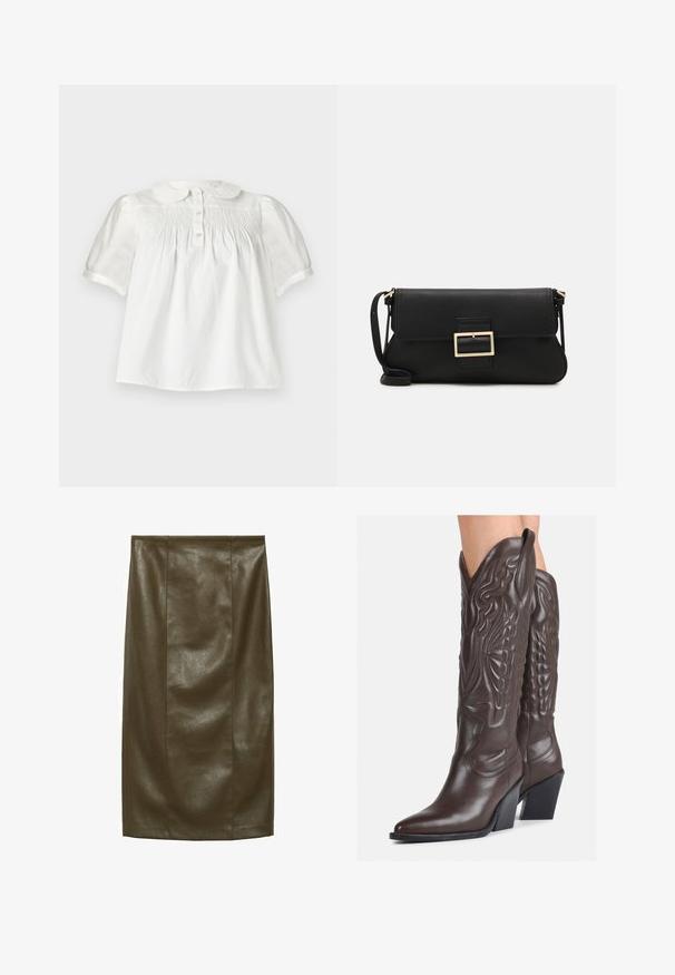 Valkoinen lyhythihainen paita, jossa on pyöreä kaulus, nappikiinnitys edessä ja teksturoitu smokkausyksityiskohta rinnassa. Pehmeää, kevyttä kangasta.; Olivi vihreä tekonahkainen kynähame, jossa on sileä pinta, polvipituinen, ja siinä on pystysaumat, jotka antavat räätälöidyn ilmeen.; Ruske nahkasaappaat, joissa on terävä kärki ja laatikkokorko, varustettu yksityiskohtaisella ompelulla ja kohotetuilla yksityiskohdilla varsiosassa.; Musta nahkainen kynäpenkkilaukku, jossa on läppä ja kultainen metallinen solkiyksityiskohta. Mukana musta hihna ja tyylikäs, minimalistinen muotoilu.; Kultaiset rengaskorvakorut, ohuet ja pyöreät, joissa on sileä metallipinta ilman koristeluja tai kuvioita.