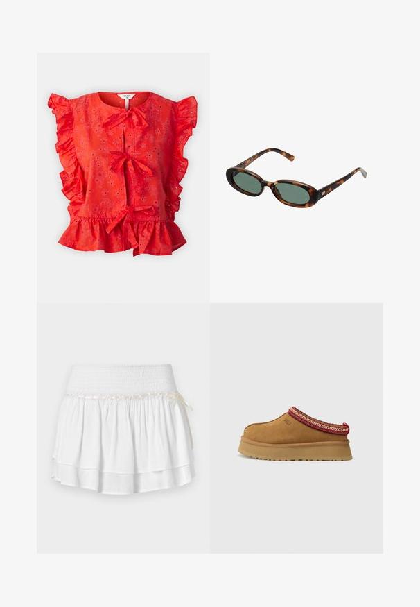 Object OBJCILIE - Blouse - flame scarlet; Jupe blanche à volants avec une taille élastique, présentant un détail de smockage texturé et une accentuation en ruban décoratif. Tissu en coton.; Chaussure slip-on en daim marron avec un bord en rouge et crème à motifs, semelle texturée et logo UGG sur le côté. Présente une légère hauteur de plateforme.; Lunettes de soleil en écaille de tortue avec des montures ovales et des verres verts. Elles présentent des branches fines avec un accent métallique près des charnières.; Sac à main tissé rouge en cuir, présentant une silhouette arrondie et une seule anse épaisse. La texture est lisse avec un motif tressé.; Boucles d'oreilles en or avec un design en éclat de soleil, présentant de longues piques texturées rayonnant d'un point central, créant une silhouette dynamique.