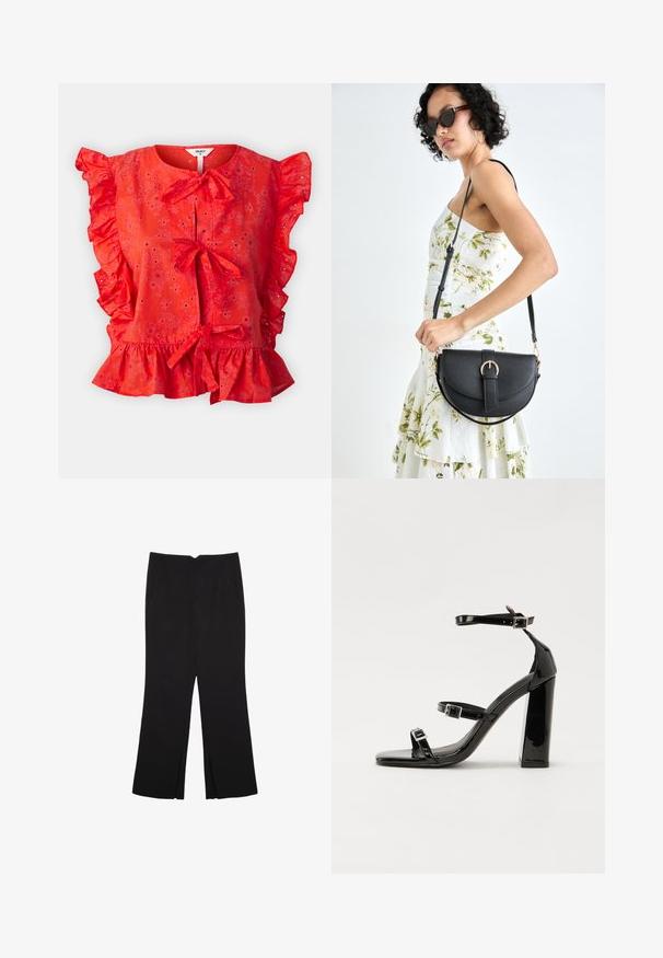 Object OBJCILIE - Bluza - flame scarlet; Črne hlače ravnega kroja z naglavnimi žepi in stranskimi razporki na robu. Narejene iz mehke, gladke tkanine. Primerne za različne priložnosti.; Črne lakirane sandale s peto, kvadratnim prstom, trakovi okrog gležnja in srebrnimi zaponkami. Opremljene so s stabilno Debelo peto.; Črna usnjena torbica s ukrivljeno obliko, z odstranljivo naramnico in zlatimi dodatki. Torbica ima pokrov s podrobnostmi v obliki zaponke.
