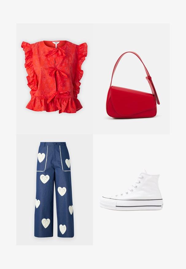 Object OBJCILIE - Pluus - flame scarlet; Sister Jane HEART TO HEART - Sirgete säärtega teksad - blue denim; Valge kõrgem kangast tenniseking, millel on must kummist tald, ees kummist varvasetugi ja kuus aukku paelte jaoks, pakkudes puhta ja minimalistliku disaini.; Punane nahast käekott, millel on nurkadega geomeetriline disain. Omab ühte reguleeritavat rihma ja klappidega sulgemist, millel on õmblustega kaunistused.