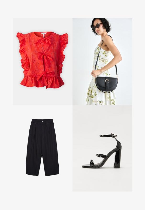 Object OBJCILIE - Blůza - flame scarlet; Černé polyesterové culotte kalhoty s elastickým pasem, dvěma předními sklady a volným siluetou. Žádné viditelné vzory ani kovové detaily.; Černé lakované sandály na podpatku se čtveratou špičkou, lýtkovými pásky a stříbrnými přezkami. Disponují masivním blokovým podpatkem pro stabilitu.; Černá kožená kabelka s křivkovým tvarem, odnímatelným popruhem a zlatými detaily. Kabelka má klopu s přezkou.