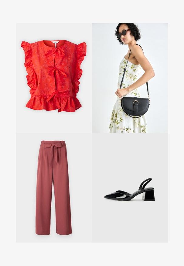 Object OBJCILIE - Blúzka - flame scarlet; Široké nohavice v prachovo ružovej farbe, vyrobené z mäkkej tkaniny, s viazaným opaskom v páse a bočnými vreckami.; Čierne lakované kožené sandálové podpätky s špicatou špičkou a geometrickým blokovým podpätkom. Disponujú elegantným, minimalistickým dizajnom a hladkým povrchom.; Čierna kožená kabelka s zaobleným tvarom, odnímateľným popruhom a zlatými doplnkami. Kabelka má klopu s detailom s prackou.