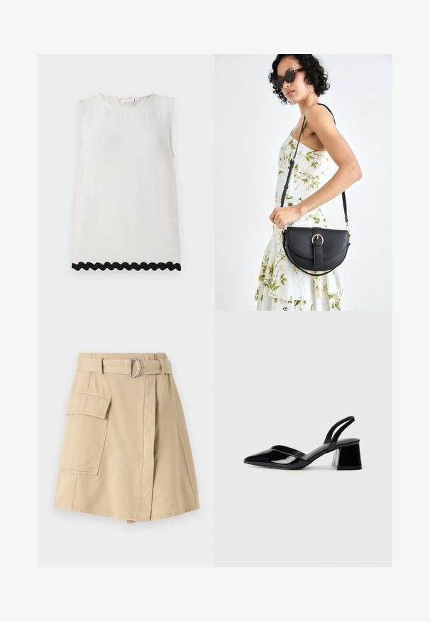 Top sem mangas em linho creme com decote redondo e um tecido texturizado; apresenta um acabamento preto com borda ondulada na bainha.; Saia de algodão bege com um bolso lateral, cintura com cinto apresentando um anel prateado e um leve formato em A. Textura suave e design simples.; Sandy em verniz preto com salto slingback, ponta afilada e salto geométrico. Apresenta um design elegante e minimalista com textura suave.; Bolsa de couro preta com forma curva, alça destacável e detalhes em dourado. A bolsa possui uma aba com detalhe de fivela.
