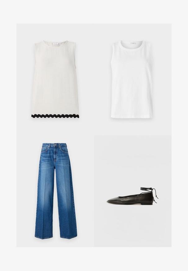 Kreemivärviline ilma varrukateta topp lina kangast, ümarate kaelustega ja tekstuurse pinnaga; alumisel äärel on must kumer äär.; Valge ilma varrukateta topp, mis on valmistatud pehmest puuvillast. Omab ümmargust kaelust ja sirget lõiget. Ühevärviline disain, ilma nähtavate mustrite või aktsentideta.; Laiad joped, millel on keskmise sinise pesu värv, klassikaline viie tasku disain, vööloop ja lukuga sulgemine.; Must mustast balletijalatsid, millel on terav nina, pahkluu seotud ja lame tall, sujuva tekstuuri ning minimalistlik disain.