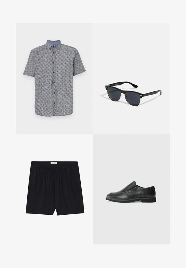 Kratka majica s kratkimi rokavi v mornarsko modri in beli barvi z geometrijskim vzorcem, naprej na gumbe, z kontrastnim svetlo modrim ovratnikom in manšeti. Lahka tkanina.; Črne kratke hlače z elastičnim pasom in vrvico za zategovanje, z gladko teksturo in ravnim krojem, primerne za sproščeno nošenje.; Črne usnjene natikače z gladkim zgornjim delom, prišitimi detajli, zaobljenim nosom in nizkim gumijastim petkom. Podplat ima minimalen profil.; Črne sončne naočare pravokotne oblike, temna leča, srebrni detajli na ušesih in mat površina na okvirju.