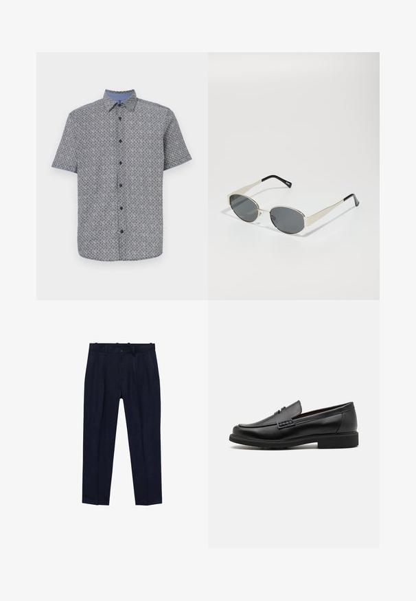 Kratka majica s kratkimi rokavi v mornarsko modri in beli barvi z geometrijskim vzorcem, naprej na gumbe, z kontrastnim svetlo modrim ovratnikom in manšeti. Lahka tkanina.; Modre hlače iz gladkega materiala, ki imajo rahlo krojen kroj, sprednje gube, zanke za pas in enojno zapenjanje na gumb.; Črne sintetične loafers čevlje s poudarjenim šivanim sprednjim delom, blazinasto vložkom in ravnim gumijastim podplatom; eleganten dizajn z minimalnimi detajli.; Sončna očala z ovalnimi sivo-lenskimi lečami, srebrnim kovinskim okvirjem in črnimi poudarki na tempeljih. Očala se ponašajo z elegantnim dizajnom in minimalnimi dodatki.
