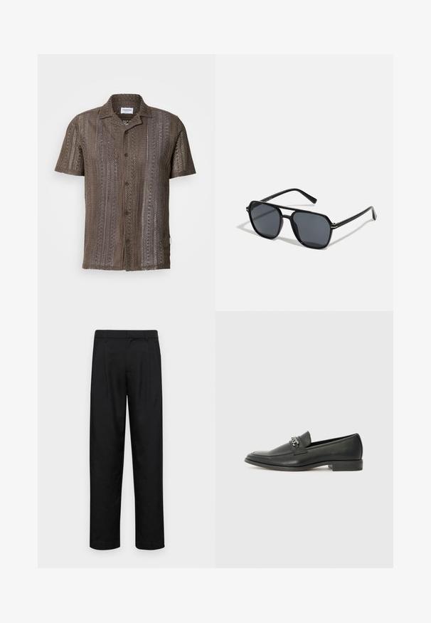 Pruunist kudumist lühikeste varrukatega särk, millel on tekstuuriga avatud kude, nööpidega ees ja lõigatud krae. Vertikaalne triipurida maapealsete toonidega.; Mustad mustadest riietest, millel on sirge jalgade disain, kaks eesmist voltimist ja tavaline vöökoht, millel on vöökohad.; Must haveate nahkking punased, millel on sile viimistlus, tikitud muster ja dekoratiivne metallkett vampi üle. Tasane konts.; Mustad mustad prillid oktaalpäistega, tumedad läätsed, läikiv viimistlus, õhukesed templid ja kuldsed aktsendid ees.; Valge pärlkaelakee, millel on ühtlane ümar kuju, sile pind ja metallist kinnitusbüts koos pikendusahelaga reguleeritava pikkuse jaoks.