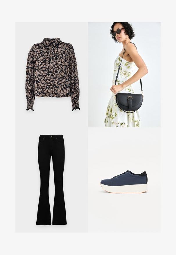 Tamsiai mėlyna gėlėta palaidinė, su šviesiai rožiniu gėlių raštu, apykakle, priekyje su mygtukais ir raukšlėtomis pūstomis rankovėmis su elastiniais manžetais.; Juodos aukšto liemens džinsai su mygtuku ir užtrauktuku, priekinėmis kišenėmis ir platėjančiomis kojomis, išdėstyti ant baltos fono.; Tamsiai mėlynas sportinis batelis su tekstūruotu audiniu viršuje, baltu platformos padu, apvaliu pirštu ir juodu kulno akcentu.š. Yra šešios skylės raišteliams.; Juodas odinis krepšys su išlenkta forma, nuimamu dirželiu ir auksiniais detalėmis. Krepšys turi kilpą su sagtimi.