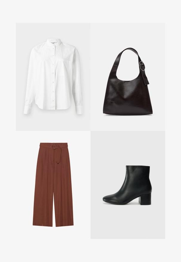 Bijela košulja dugih rukava s ovratnikom od trake, koja ima gumbasti prednji dio i džep na prsima. Izrađena je od lagane tkanine s glatkom teksturom.; Hlače širokih nogavica od smeđeg materijala, s remenom sa kvadratnom kopčom, nabranim dizajnom i glatkom teksturom.; Crne kožne čizme do članaka s uskim vrhom i debelim potplatom. Glatka tekstura s minimalnim detaljima i elegantan, prilagođen dizajn.; Smeđa kožna torba preko ramena s glatkom teksturom, zaobljenim oblikom, širokim remenom i kružnim metalnim akcentom na ručki.