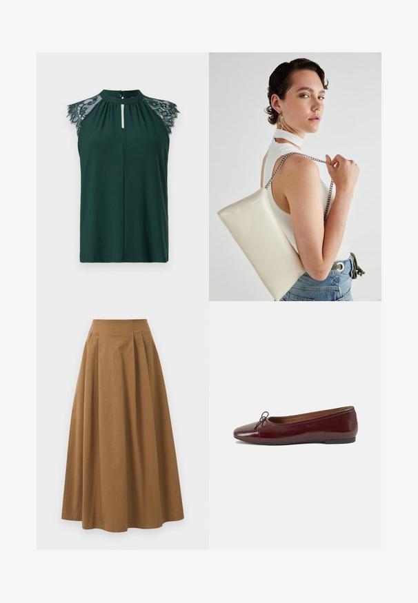 Mørkegrøn ærmeløs bluse med blonderdetaljer på skuldrene og et lille knappeslag foran. Enkel og elegant design.; Brun bomulds A-linjeet nederdel med høj talje, præget af læg foran og en glat tekstur. Endeafslutningerne er enkle og rene.; Bordeaux patentlæder balletflad med rund tå, lille sløjfeaccent foran og en lav, sort gummisål. Glat tekstur.; Hvid rektangulær clutch-taske lavet af skinnende materiale, med en sølv kædetransport. Modellen poser, mens hun fremviser tasken mod en ensfarvet baggrund.