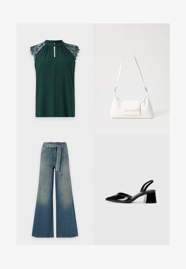 Tumši zaļa bez piedurknēm blūze ar mežģīņu detaļām uz pleciem un maziem pogu aizvēršanai priekšā. Vienkāršs un elegants dizains.; Platām kājām džinsu bikses ar gaismas līdz tumši zilam gradientam, augstu jostas līniju, jostas cilpām un atbilstošu auduma jostu. Tekstūrēts džinsas apdare.; Melna lakota āda ar atvērto papēdi, ar smailu purngalu un ģeometrisku blokpapēdi. Iezīmējas elegants, minimāls dizains un gluda tekstūra.; Balta sintētiska soma ar trīsstūrveida formu, plakanu priekšējo vāciņu un loku detaļu, regulējamu siksnu, gludu tekstūru un minimālistisku dizainu.