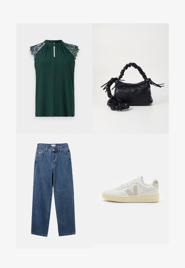 Tamsiai žalia be rankovių bluzonė su nėriniais ant pečių ir mažais mygtukais priekyje. Paprastas ir elegantiškas dizainas.; Klasikiniai mėlynos džinsinio audinio džinsai su tiesiomis kojomis, penkiomis kišenėmis ir mygtukų uždarymu. Pasižymi vidutiniu skalbimu ir tvirtu audiniu.; Balti odiniai sportbačiai su kreminiais zomšos akcentais, perforuota pirštų dalimi, plokščiomis raišteliais ir struktūruota kreminėmis padomis. Ant kulno yra subtilus ženklinimas.; Juodas dirbtinės odos rankinė su krokodilo tekstūra, sušnibždinta viršuje ir susikraipytu dirželiu. Atrodo minkšta ir kompaktiška.