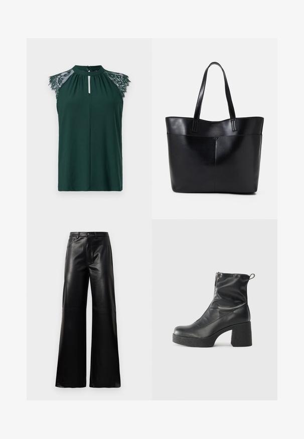 Tumši zaļa bez piedurknēm blūze ar mežģīņu detaļām uz pleciem un maziem pogu aizvēršanai priekšā. Vienkāršs un elegants dizains.; Melnas augstās jostas platajās kājās sintētiskās ādas bikses ar priekšējo pogu, rāvējslēdzēju, jostas cilpām un sānu kabatām uz baltā fona.; Melni potītes zābaki, kas izgatavoti no gludas ādas, ar sānu rāvējslēdzēju, masīvu strukturētu papēdi un noapaļotu purngalu.; Melnas ādas iepirkumu soma ar divām garām rokturām, gludu tekstūru un strukturētu formu. Iekļauj priekšējo kabatu papildu uzglabāšanai.