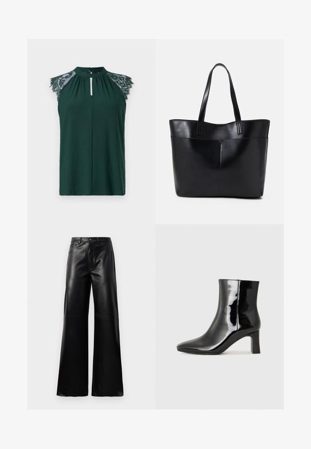 Temno zelena brezrokavna bluza z lace detajli na ramenih in majhnim gumbom spredaj. Preprosta in elegantna zasnova.; Črne široke hlače iz umetnega usnja z visokim pasom, sprednjim gumbom, zadrgo, zanke za pas in stranskimi žepi na beli podlagi.; Črne lakirane gležnjarje z ošiljenim nosom in srednje visokim blokastim peto. Gladka tekstura in minimalističen dizajn.; Črna usnjena torba z dvema dolgima ročajema, gladko teksturo in strukturirano obliko. Ima sprednji žep za dodatno shranjevanje.