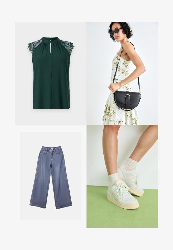 Blusa senza maniche verde scuro con dettagli in pizzo sulle spalle e un piccolo apertura con bottoni sul davanti. Design semplice ed elegante.; Jeans in denim a gamba ampia di un blu chiaro, caratterizzati da una vita alta, tasche frontali e una chiusura con bottone e passanti per cintura.; Sneaker verde chiaro con superficie testurizzata, caratterizzati da tre strisce bianche, una suola in gomma crema e design con lacci. Indossati con calzettoni chiari.; Borsa a tracolla nera in pelle con una forma curva, manico rimovibile e accessori dorati. La borsa presenta una patta con un dettaglio a fibbia.