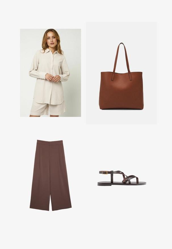 Moves ELASSU - Camicia - warm sand; Pantaloni ampi marroni con una texture liscia, caratterizzati da una vita alta e pieghe frontali. Il tessuto è leggero e scorre liberamente.; Sandal in pelle marrone con cinturini incrociati, chiusura con cinturino alla caviglia e suola piatta con dettagli di cucitura minimi.; Borsa tote in pelle marrone con texture liscia, design con apertura superiore e due spallacci. Presenta cuciture minime e nessun hardware visibile.