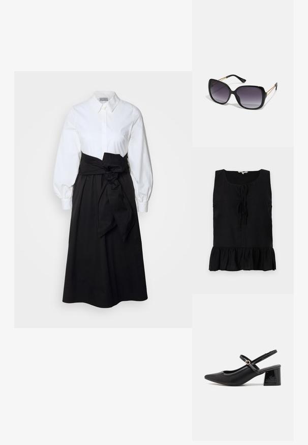 Černý bezrukávový top s kulatým výstřihem, předními šňůrkami a volánkovým lemem. Vyrobeno z lehké tkaniny s hladkou texturou.; Bílá košile s dlouhými nafouknutými rukávy, kombinovaná s černou sukní a látkovým páskem uvázaným v pase, vyrobená z hladkého bavlněného materiálu.; Černé lakované lodičky s otevřenou patou, špičatou špičkou, zaobleným střihem a blokovým podpatkem. Zdobené akcentem v zlatém tónu.; Černé oversized sluneční brýle se gradientními skly, silnými rámy a zlatými řetízkovými detaily na nožičkách.; Černá taška přes rameno vyrobená z umělého materiálu, s jednoduchým obdélníkovým designem, zlatými čtvercovými akcenty a dvojitými uchy.