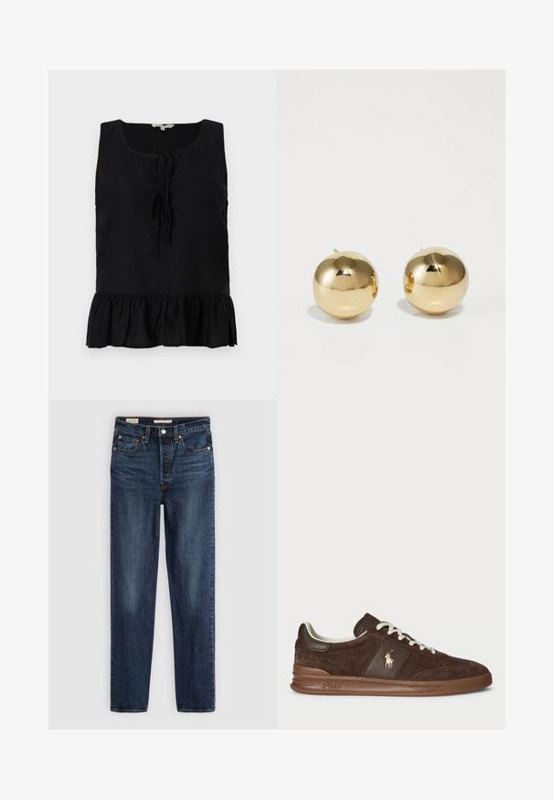 Juodas be rankovių marškinėlis su apvaliu iškirpimu, priekyje surišamomis juostelėmis ir banguota apatine dalimi. Pagamintas iš lengvos medžiagos su lygia tekstūra.; Tamsiai mėlyni tiesaus sijono džinsai su penkiomis kišenėmis, sagės ir užtrauktuko uždarymu, bei kontrastinėmis siūlėmis.; Rudi suede sportbačiai su tekstūruotais elementais, balti raišteliai ir auksinė logotipo detalė. Su guma padanga ir paminkštinta apykaklė patogumui.; Aukso sferinės auskarai su poliruotu paviršiumi ir mažu kaiščiu. Pasižymi lygiu tekstūru ir atspindinčiu paviršiumi.