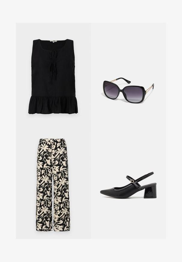 Musthave mustriga ilma varrukat, ümar kaelus, esiosas sõlmed ja volangiga alläär. Valmistatud kergest kangast, millel on sile tekstuur.; Mustad laiad püksid kreemja lillemustriga. Valmistatud kergest kangast, millel on sile tekstuur ja kõrge vöökoht.; Mustad läikivad nahast slingback-kõrged kontsad, millel on terav nina, ümar lõikekujundus ja blokknina. Omab kuldset nupu aktsenti.; Mustad ümarad päikeseglaasid, millel on gradient objektiivid, paksud raamid ja kuldse tooni kettaga kaunistused tempelitel.; Must musta kott, millel on struktureeritud kuju, sile tekstuur ja metallist klamber. Kombineeritud laiate mustade pükstega ja avatud varvaste sandaalidega puidust põrandal.