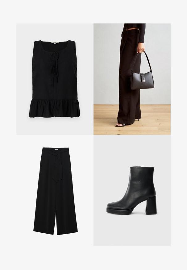 Juodas be rankovių marškinėlis su apvaliu iškirpimu, priekyje surišamomis juostelėmis ir banguota apatine dalimi. Pagamintas iš lengvos medžiagos su lygia tekstūra.; Juoda plačių kojų kelnės, pagamintos iš tekstūruoto audinio, su elastingu juosmeniu ir atsegamu diržu juosmenyje, leidžiančiu reguliuoti dydį.; Juodas odinis kulkšninis botas su bloku ir platformos padu, matomas šoniniu vaizdu ant balto fono.; Juodas rankinė struktūrizuota forma, lygi tekstūra ir metalinis užsegimas. Suporuota su plačiomis juodomis kelnėmis ir atvirais bateliais ant medinių grindų.