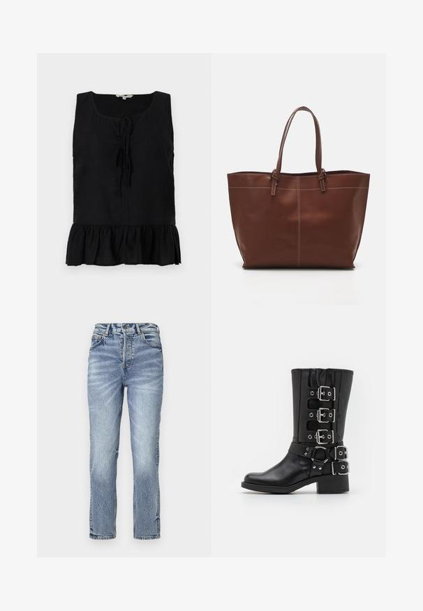 Top nero senza maniche con scollo a giro, lacci frontali e orlo arricciato. Realizzato in tessuto leggero con una texture liscia.; Jeans in denim azzurro chiaro, con vestibilità dritta, vita alta, trama sbiadita e cinque tasche. Presentano chiusura con bottone metallico e zip.; Stivale in pelle nera con gambale alto, caratterizzato da molteplici fibbie e cinturini in argento, un accentuazione circolare e un tacco spesso. Finitura opaca.; Borsa tote in vera pelle marrone con doppie maniglie, presenta cuciture a contrasto e un design spazioso, adatta per l'uso quotidiano.