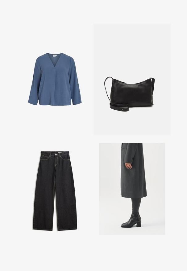 Világoskék, hosszú ujjú blúz V-nyakkal és lágy gyűrt textúrával. Ujjain gombos díszítéssel, enyhén laza szabás.; Fekete, bő szárú farmernadrág magas derekú, öt zsebbel, kontrasztos varrással és gombos zárással. Sima felületű, klasszikus szabású.; Szürke, szabott overál, egyenes vonallal; térd fölé érő fekete bőrcsizmákkal párosítva, négyzetes orral és vastag sarokkal.; Fekete bőr válltáska sima felülettel, ívelt formával, állítható pánttal és cipzáras záródással. Minimalista dizájn díszítmények nélkül.
