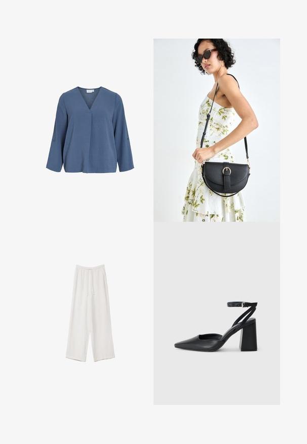 Jasnoniebieska, długa bluzka z długim rękawem, dekoltem w serek i delikatną pofałdowaną fakturą. Posiada guziki na rękawach, lekko luźny krój.; Białe spodnie o szerokich nogawkach wykonane z lekkiego materiału. Posiadają elastyczny pas z sznurkiem i boczne kieszenie. Gładka tekstura.; Czarne skórzane czółenka z ostrym noskiem, z paskiem na kostce i grubym obcasem. Gładka faktura, elegancki design i minimalistyczna estetyka.; Czarna skórzana torebka o zakrzywionym kształcie, z odpinanym paskiem i złotymi akcentami. Torebka posiada klapę z zapięciem w kształcie klamry.