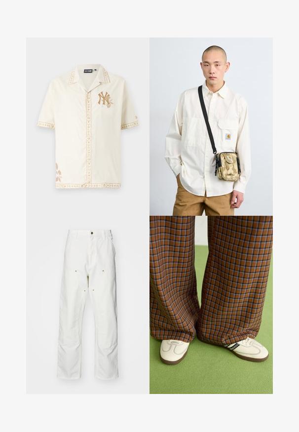 Camisa de mangas curtas na cor creme com detalhes florais bordados em castanho claro e um logótipo. Apresenta um colarinho e costuras decorativas.; Calças cargo brancas em algodão com um corte descontraído. As características incluem bolsos frontais, detalhes em metal dourado e áreas de joelhos reforçadas.; Calças largas em padrão xadrez castanho e azul, combinadas com sapatos brancos com detalhes pretos e solas texturizadas, contra um fundo verde.; Bolsa tiracolo camuflada bege com fechos e alça pretos, usada sobre uma camisa branca de botão com dois bolsos no peito e um patch de logotipo.