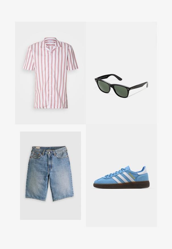 Rozā un baltā vertikālā svītraina īsām piedurknēm krekls, izgatavots no viegla auduma, ar apkakles dekoltē un priekšējo pogu aizdari.; Gaiši zili džinsu šorti ar klasisku piegriezumu. Iespējas piecas kabatas, oranžs vīlējums un neapstrādāti maliņas.; Gaiši zili zamšveidīgi sporta apavi ar baltām ādas strīpām, brūnu teksturētu zoli un zelta logotipu. Zema modeļa dizains ar noapaļotu purngalu.; Melnas plastmasas saulesbrilles ar zaļiem lēciem, kvadrātveida rāmjiem, sudrabainu akcentu uz uzacīm un teksturētām tempļu kājām. Zīmols norādīts uz iekšējās kājas.