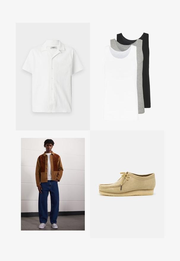 Biała koszula z krótkim rękawem o teksturowanym materiale, z otwartym kołnierzykiem, kieszenią z przodu i zapięciem na guziki. Design jest lekki i casualowy.; Trzy topy na ramiączkach w kolorze białym, szarym i czarnym. Każdy z nich ma klasyczny bezrękawnikowy fason, wykonany z lekkiej bawełnianej tkaniny z prążkowaną teksturą.; Mężczyzna stojący w pomieszczeniu, ubrany w brązową kurtkę z sztruksu z rdzawej kolorze, białą koszulkę, luźne niebieskie dżinsy oraz białe trampki.; Beżowe zamszowe buty z sznurowaniem, przeszyciami i gumową podeszwą. Kształt jest casualowy z lekkim obcasem na poziomie.