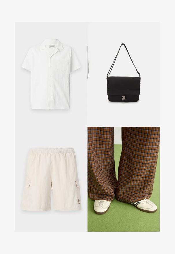 Camisa branca de mangas curtas com um tecido texturizado, colarinho aberto, bolso frontal e fecho com botões. O design é leve e casual.; Calções cargo bege com cintura elástica, dois bolsos laterais e um pequeno logótipo no canto inferior direito. Tecido suave e leve.; Calças largas em padrão xadrez castanho e azul, combinadas com sapatos brancos com detalhes pretos e solas texturizadas, contra um fundo verde.; Saco de mensageiro preto feito de material liso, apresentando uma aba dobrável, fechos de hardware prateados e uma alça de ombro ajustável.