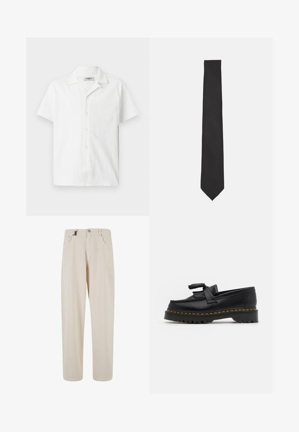 Korte mouwen witte blouse van een textuurstof, met een open kraag, een borstzak en een knoopsluiting. Het ontwerp is lichtgewicht en casual.; Beige katoenen broek met een recht pasvorm, voorzien van voorzakken en een knoopsluiting. Gladde textuur met minimale details.; Zwarte leren loafers met een franjesaccent, voorzien van een dikke zwarte zool en gele stiksels langs de rand. Gevoelige afwerking.; Zwarte stropdas van gladde stof, met een slanke, verlengde vorm en een puntige punt zonder zichtbare patronen of accenten.
