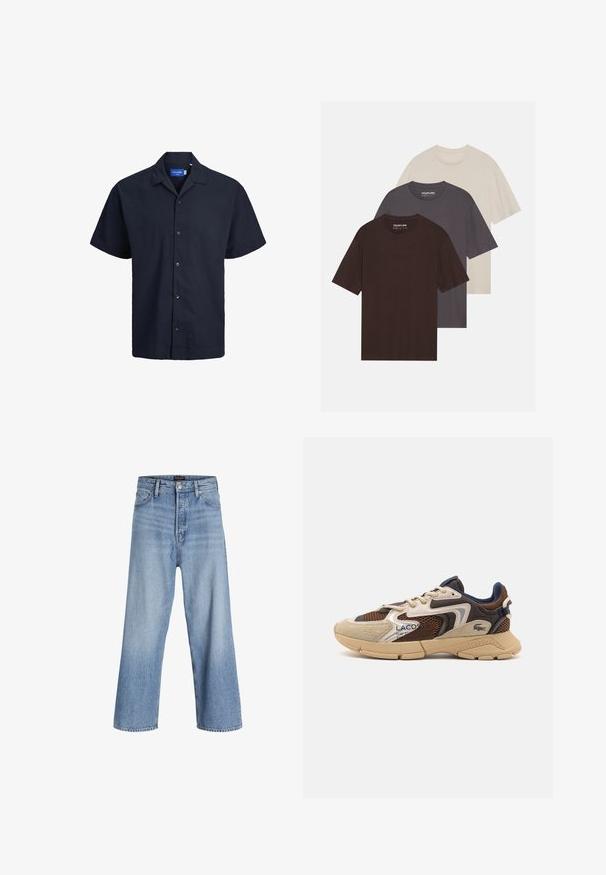 Jack & Jones - Koszula; YOURTURN UNISEX 3 PACK ciemnobrązowy; Jasnoniebieskie dżinsy typu wide-leg z wysokim stanem, z zapięciem na guziki, pięcioma kieszeniami i subtelnym wyblaknięciem. Czyste wykończenie dołu.; Beżowe i brązowe sneakersy z teksturowanymi panelami z siateczki, zamszowymi akcentami i gumową podeszwą. Posiadają sznurowane zapięcie oraz detale marki.