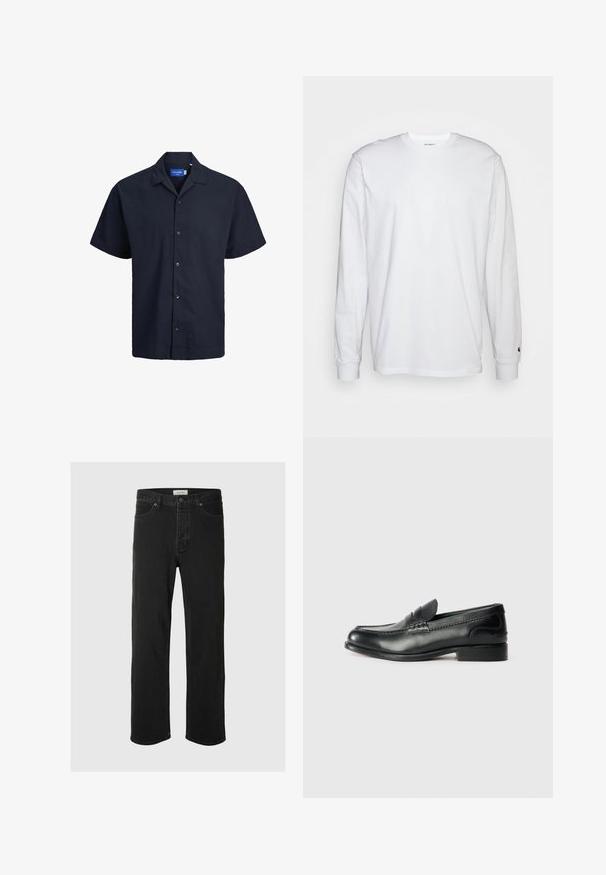 Jack & Jones Krekls - sky captain; Balta garām piedurknēm T-kreklā, kas izgatavots no kokvilnas. Arapa kakla dizains ar ribotām aprocēm un mazu logotipu uz kreisās piedurknes. Gluda tekstūra.; Melna denima taisna piegriezuma bikses ar klasisku piecu kabatu dizainu, poga aizdari, minimāls šuvju skaits un mīksta tekstūra.; Melnas ādas loafers ar gludu apdari, izšūtiem detaļām pa vampu un nedaudz paceltu papēdi.