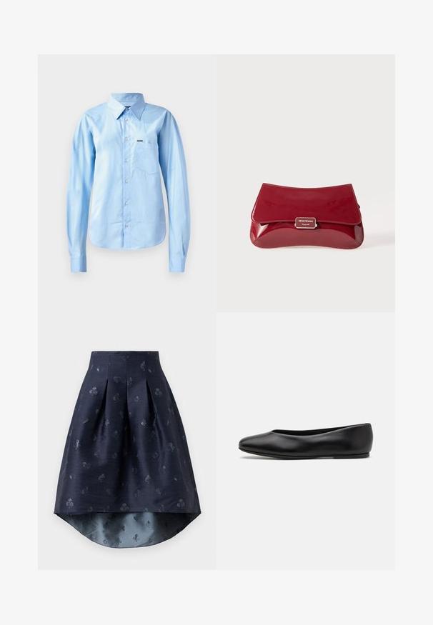 Hele sinine nööpidega särk siledast kangast, pikkade varrukatega, struktureeritud krae, üks rinna-tasku ja diskreetne brändingu detail.; Tumesinine kõrge-madal seelik voldidega ja mõõduka mängukaardimustriga veidi läikivas kangas.; Paul Smith TOPANGA - Baleriinad - black; Punane patendnaha clutch-kott, millel on kaardunud disain, volditav klapp ja metallist logo aktsent hõbedasel plaadikesel. Sile, läikiv pind.