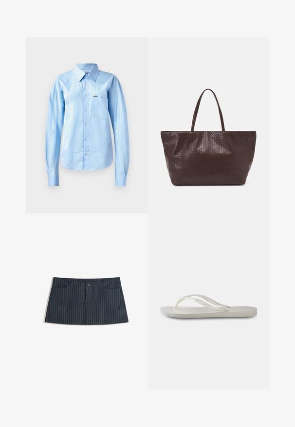 Light blue button-up shirt in smooth fabric with long sleeves, structured collar, single chest pocket, and subtle branding detail.; Navy blue pinstripe mini skirt with front pockets and a single button closure at the waist.; White flip-flop with a textured sole, featuring thin straps and a flat design. Made of rubber with a subtle logo on the footbed.; Brown woven leather tote bag with two handles, a structured shape, and a textured surface, featuring a diamond pattern throughout.; Gold-toned hoop earrings, featuring a sleek, elongated shape with a polished finish and a secure latch closure.