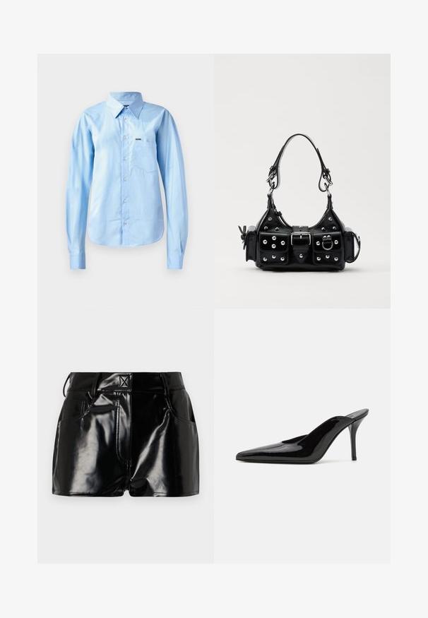 Camicia button-up azzurra chiara in tessuto liscio con maniche lunghe, colletto strutturato, taschino sul petto e dettaglio di branding sottile.; Shorts neri e lucidi realizzati in materiale sintetico. Presentano una vita aderente, passanti per la cintura e tasche frontali con evidenti dettagli di cucitura.; Mule in pelle patinata nera con tacco alto, punta affilata e silhouette elegante, dotato di apertura sul dietro e tacco a stiletto sottile.; Borsa a mano in pelle nera con design curvo, caratterizzata da borchie argentate, una fibbia e due tasche laterali. Tracolla regolabile per diverse opzioni di trasporto.