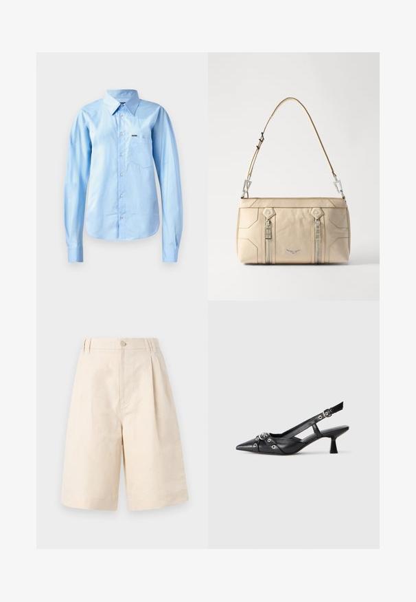 Light blue button-up shirt in smooth fabric with long sleeves, structured collar, single chest pocket, and subtle branding detail.; Beige linen shorts with a relaxed fit, featuring a button closure, pleated design, and knee-length cut. Smooth texture and simple style.; Black leather slingback shoe with a pointed toe, decorative straps featuring metal eyelets, and a low block heel. Textured surface.; Beige leather handbag with silver hardware, two side zippers, structured design, and a removable strap for versatility.